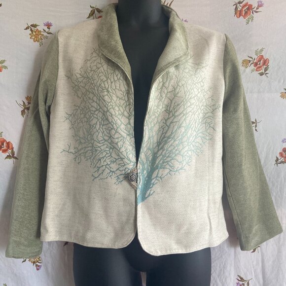 Unique Boho Fantasy Tree of Life Jacket Single Button Emblishment Sage Teal Blue - Picture 1 of 12